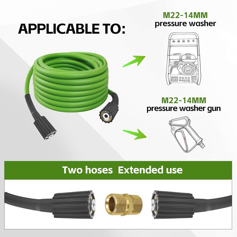 FSQLB Universal Pressure Washer Hose for Greenworks Power Washer 3300 PSI ，Replacement 5200402 for Greenworks Ryobi Electric Power Wash Hose with M22/14 Fittings (50 FT Green) - Image 3